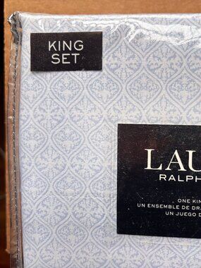 RALPH LAUREN King Size BLUE GEOMETRIC MEDALLION Sheet Set Crisp Percale Cotton